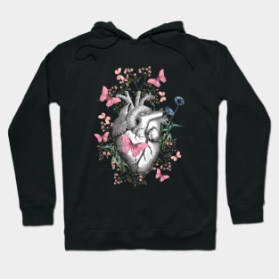 Floral and pink butterflies with Human Heart in love, vintage effect watercolor pink  flowers, Heart, anatomical Human heart Hoodie